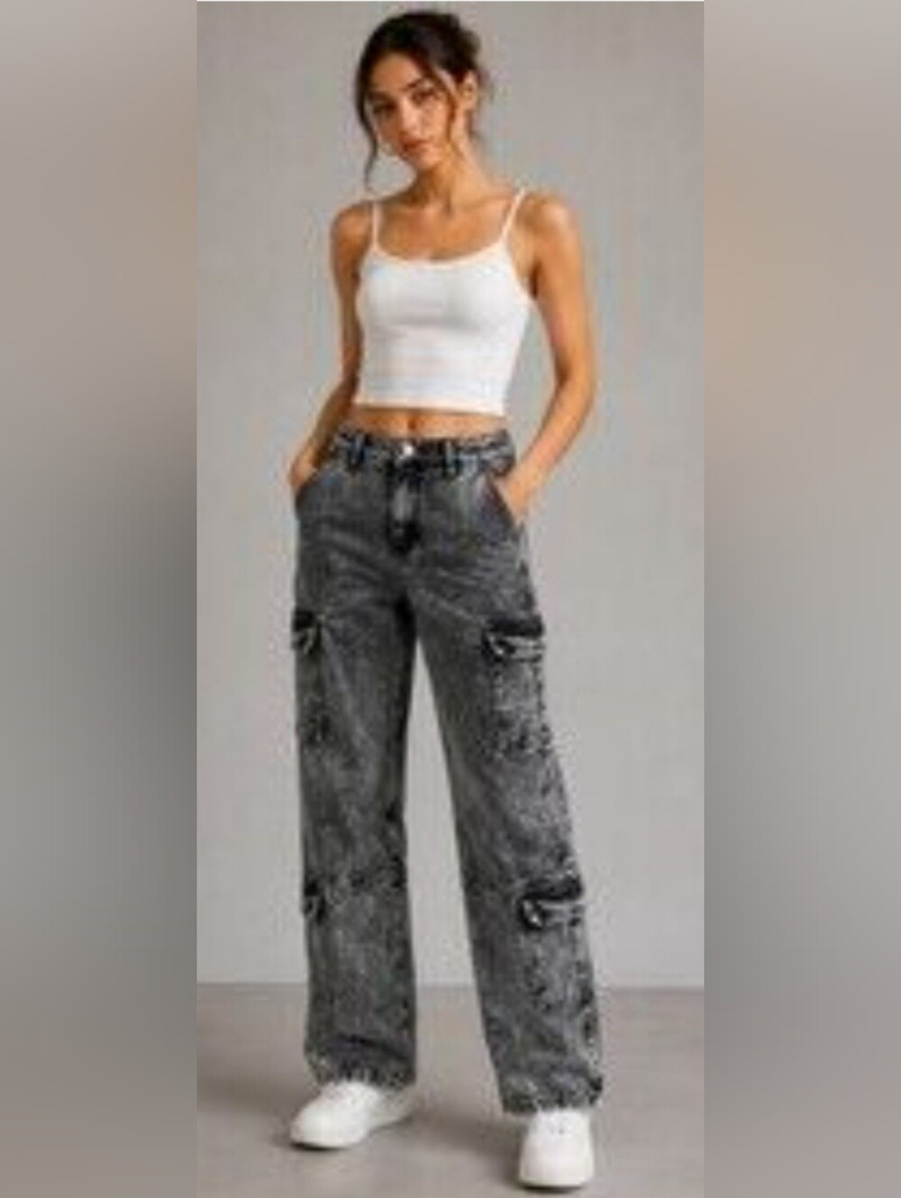 Washed Black Wide-Leg Cargo Jeans for Women